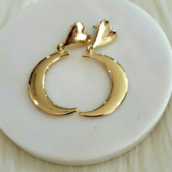 New Gold Heart and Moon Statement Earrings - Picture 2 of 3